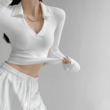 Hottie Sexy V-Neck Thin Bottom Shirt 2026 Early Autumn Solid Sleeve Polo Shirt In Tide T-Shirt