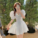 French Niche Bubble Sleeves To Close The Waist White First Love Dress Women Summer Small Punge Crimche Skirt Short Babes