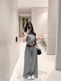 Korean Slanted Shoulder Leisure Sportswear Suit Women's Summer Age Reduction Waist Short-Sleeved Top High-Waist Broad Leg Pants Two Sets