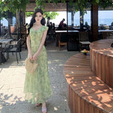 Seaside Holiday Green Flowers Small Flying Sleeve Dress Gentle Temperament Is Beautiful Waist A Word Beach Dress