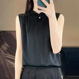 Silk Satin 2026 Spring And Summer Women's New Satin Wood Ear Collar Dark Buckle Sleeveless Shirt Solid Color Shirt