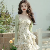 French Green Floral Sling Dress Summer 2025 Super Xiansen High-End Chic Stunning Skirt Two-Piece