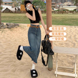 High-Waisted Open-Forked Cowboy Half-Dress Woman 2025 New Summer Small A-Word Half Skirt Retro Ass Long Skirt