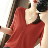 Ice Silk Breathable 2026 Spring And Summer New Women V Neck Thin Top Five-Sleeve Sleeve Sleeves Pure Color Temperament Knitted Shirt