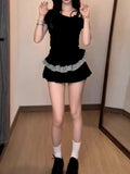 Sweet Spice Girl French Bow Slanted Shoulder Short-Sleeved T-Shirt For Summer Women's New Body-Repair Lace Spliced Short Tops