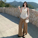 Old Money Style Lazy And Relaxed Holiday Wearing A Female Summer Hanging Neck On The Back Of The High Waist Broad Leg Trousers Two Sets