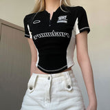 Machine-Style Splicing-Colum-Colum-In-Colellad Slimming Round Collar Zipper Top Short Hottie Umbilical T-Shirt Girl