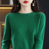 Line Ready-To-Wear Seamless 100% Pure Wool 2026 Autumn And Winter Women's Round-Neck Edge Hollow Short Bottom Knitted Sweater