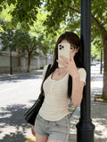 Pure Lustful Wind U Collar Short Sleeves Shoulder T-Shirt Girls Summer Irregular Elastic Display Thin Short Green Top