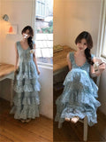 Summer Seaside Holiday Wind Blue Broken Flower With Dress Female Korean Version Sweet Fresh Temperament Waist Cake Skirt