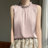 Silk Satin 2026 Summer New Women's Clothing Collar Sleeveless Vest T-Shirt Repair Body With A Half-Sleeve