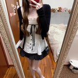 Sweet Sister College Style Black Long-Sleeved Knitted Shirt Coat + Bow Sling Suit + Wave Point Skirt Three-Piece Set