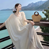 White Texture Folded V-Neck Dress Women Summer Languid Holiday Casual Loose Lantern Dress