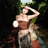 Thailand Southeast Asia Tourism Holiday Wearing A Suit Of Women's Summer Short Breast Vest Ink Print Half-Body Skirt
