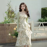 French Green Floral Sling Dress Summer 2025 Super Xiansen High-End Chic Stunning Skirt Two-Piece
