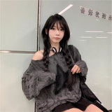 Lazy Wind Black Hoodie Design Feels Shoulder Long-Sleeved T-Shirt Women's Spring Small Loose Drawstring Strapping