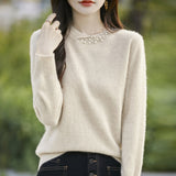 Wool Blended 2026 Autumn And Winter New Women's Round Neck Nails Loose Long-Sleeved Jacket Short Knitted Sweater Bottom Shirt