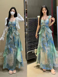 Forest Flotation Summer Vacation Sling Temperament Dress Women Summer Print Chiffon Skinny Dress
