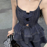 French Princess Pamper Little Sweet Cool Wind Denim Sling Dress Doll-Collared Shirt Two Sets