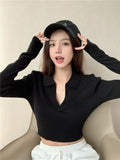 Polo Collar Long-Sleeved T-Shirt Design Short Spring And Autumn New Sexy Hot Umbilly Blouse Thread