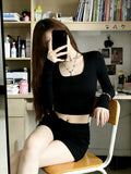 Pure Style Hottie Collar Long-Sleeved T-Shirt Girl Autumn And Winter Black Inside The Bottom Shirt Short Shirt On The Shoulder