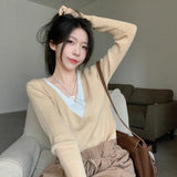 Fake Two New Autumn V-Neck Knitted Shirt Women Design Feel Solid Color Inside The Long Sleeve Bottom Top