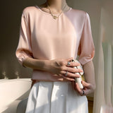 Airable Silk Satin 2026 Spring And Summer New Women's Round Collar Loose Solid Color Acetic Satin Noodles T-Shirt
