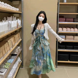 Forest Flotation Summer Vacation Sling Temperament Dress Women Summer Print Chiffon Skinny Dress