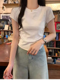 Summer 2025 Shoulder T-Shirt Women To Folded Short Sleeves Irregular Sweet Spicy Thin Little Man Round Collar Short Top