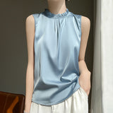 Silk Satin 2026 Summer New Women's Clothing Collar Sleeveless Vest T-Shirt Repair Body With A Half-Sleeve