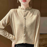 New Silk Velvet 2026 Spring And Summer New Women's Short Wooden Ear Half-High Tie Wnitted Shirt Knitted Bottom Shirt Top