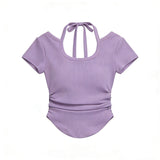 Spice Girls Irregularly Hanging Neck Short-Sleeved T-Shirt Girl Summer Slimming Short Folding Top