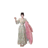 Purely Grit Flower Chiffon Suit Dress Sexy V-Neck Cross Strap Short Long-Sleeved Top High Waist Half-Dress