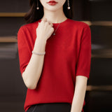 Wool Blending 2026 Autumn And Winter New Women's Round Collar Collar Drawing Solid Color Hollow Top Five-Sleeve Knitted Shirt