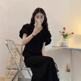 Large-Size Bubble Sleeves Niche Simple Solid Color Fat MM Thin Long Dress Loose Summer Sweet Round Collar Cover Dress