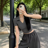 Pure Polo Shirt Women's Summer New Thin Short T-Shirt Design V Collar Repair Elastic Short Sleeve Top Ins