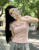 V Collar Kinetic Design T-Shirt Girl Summer Pure Hot Girl Short-Sleeved Bottom Shirt Slim Thin Top Woman