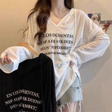 Medium-Long V-Neck Hooded Thin Hoodie Women's Summer 2025 New Loose Long-Sleeved T-Shirt On The Shoulder