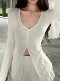 Spice Girls V Collar Horn Sleeve T-Shirt Girl Autumn Slimming Design Feel Fork Black Long-Sleeved Blouse