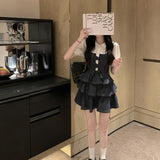French Princess Pamper Little Sweet Cool Wind Denim Sling Dress Doll-Collared Shirt Two Sets