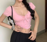 V-Neck Lace Short-Sleeved T-Shirt Women's Summer New Tight Sexy Hottie Pure Desire Bows Short With Breast Pad Top