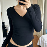 2026 Spring And Autumn New V-Necked Shirt Long-Sleeved T-Shirt Girl Slime Pure Wind Curved Under The Collarbone Top