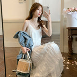 White Suspension Dress Women's Summer 2025 New French Beauty Lace Spliced Super Fair Seaside Vacation Suspension Dress