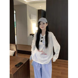 Lazy Wind Leisure Long-Sleeved Round-Neck Print T-Shirts For Summer Loose Thin Sunscreen Shirt White Thin Top