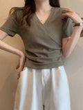V-Neck Shoulder Short-Sleeved T-Shirt Girl 2025 Summer Small Korean Version Of The Thin-Skinny Design Top