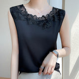 Silk Satin 2026 Spring And Summer New Women's Rounded Sleeveless Vest T-Shirt Mesh Spliced Tops And Bottom Shirts