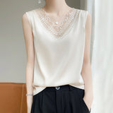 Silk Satin 2026 Spring And Summer Women's New V-Neck Sleeveless Small Vest T-Shirt Mesh Spliced Blouse Loose Sling