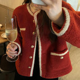 Red Small Fragrant Lamb Plush Coat Female Design Sense Niche Tops 2025 Autumn And Winter New Plush Thicken