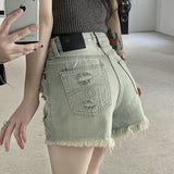 Hole-Hole Denim Shorts Women Summer New High-Rise Slim Back-Haired Hot Babes A Word Wide-Legged Hot Pants