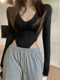 Kiche V-Necked Women In Spring And Autumn Pure Lust Hot Girls Sexy Open Waist Long-Sleeved T-Shirt
